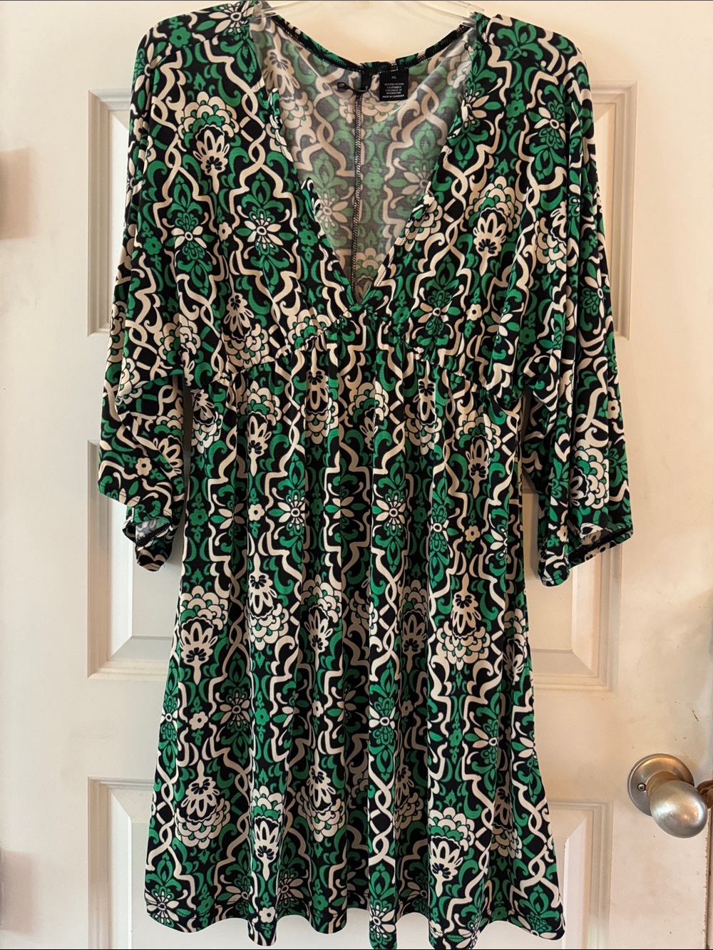 New directions | Green and Black Patterned V-Neck Mini Dress